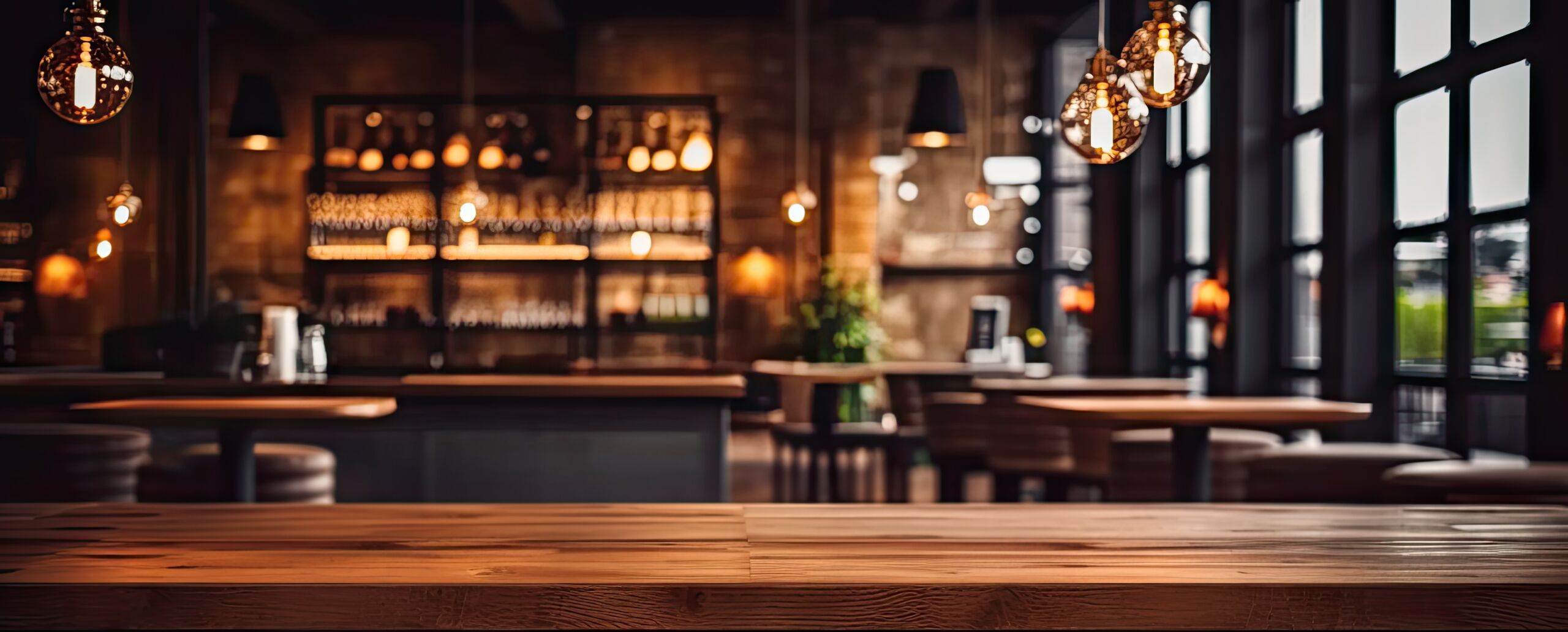 Elegant interior ambiance. Vintage inspired blurred background featuring dimly lit dining space with empty wooden table cozy chairs and subtle bokeh lights ideal for cafe and restaurant concepts