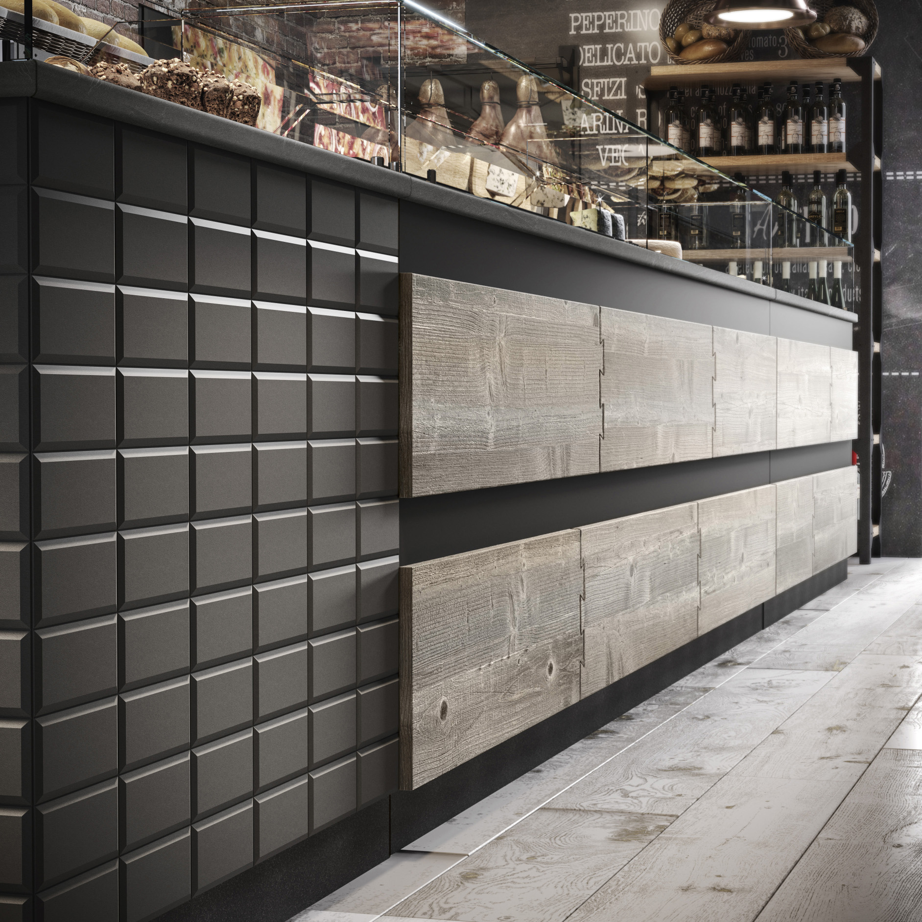 Dettaglio Linea SUBWAY TILE + Linea WOOD Larice Grigio